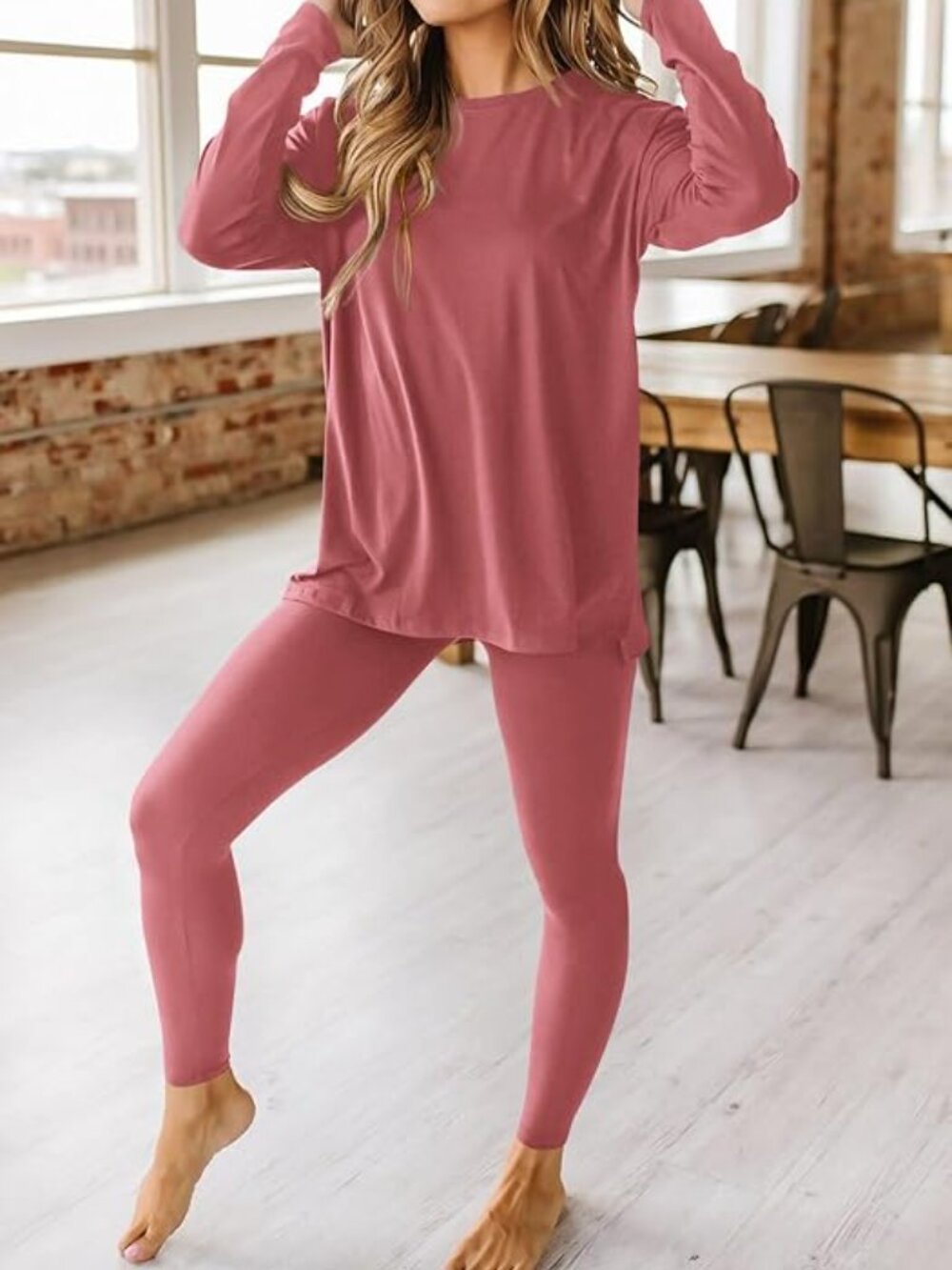 2 Piece Set Loungewear Long Sleeve Leggings, XL, Dusty Pink